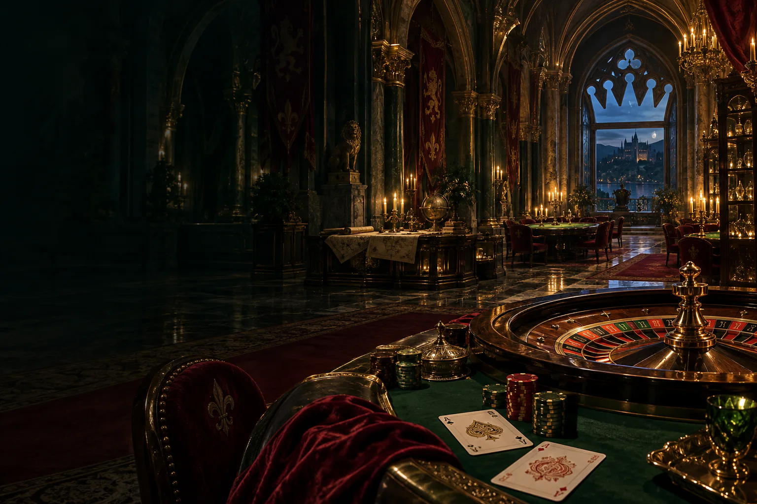 Original cinematic artwork of a royal casino archive inside a castle hall